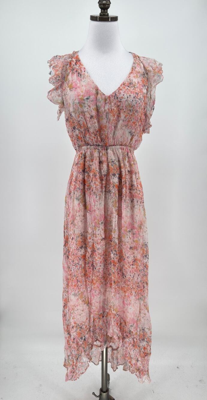 Anthropologie HD in Paris Sidra Light Pink Floral High Low Chiffon Dress Sz 4